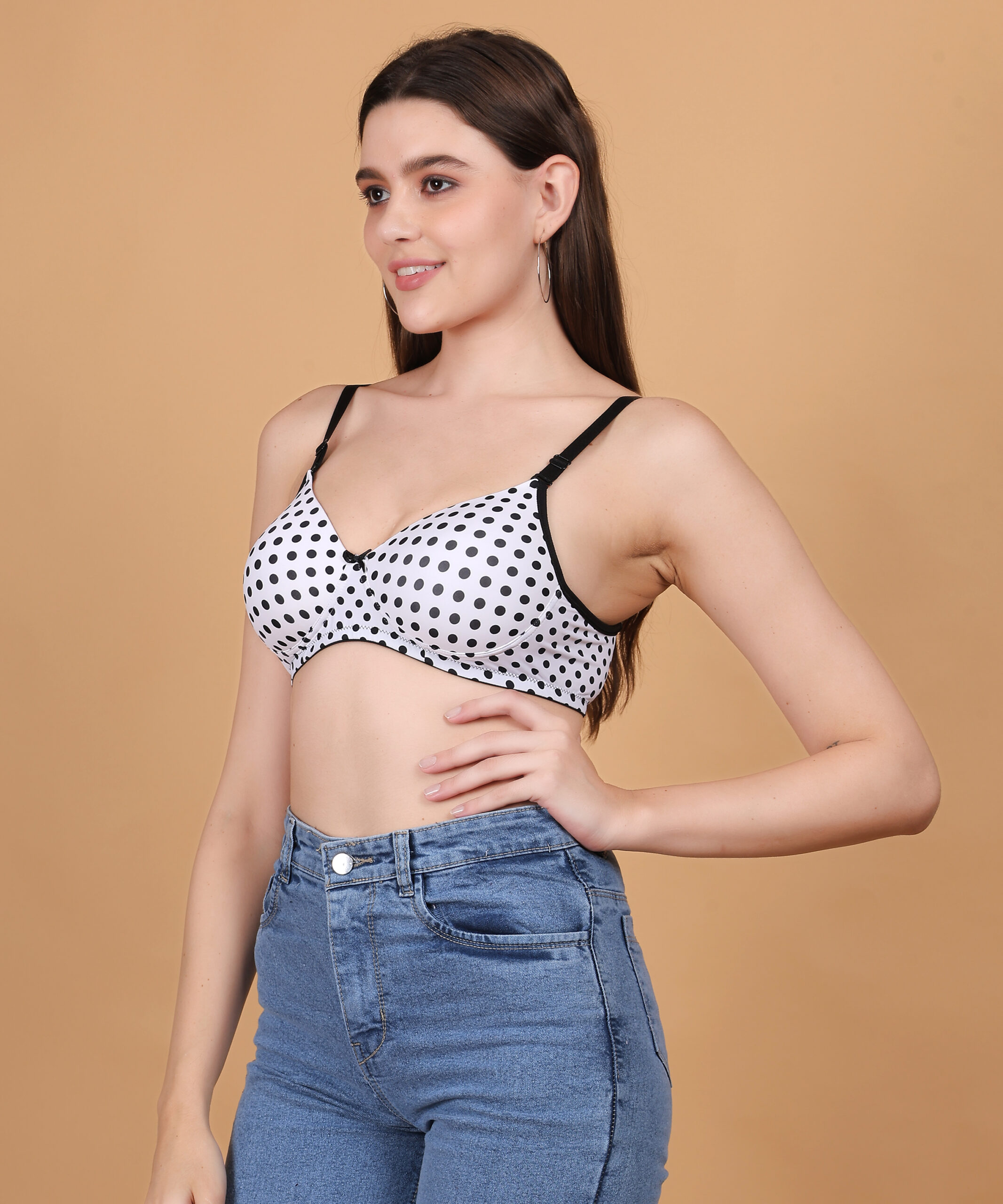 White polka dot printed padded wirefree bra for women angled view