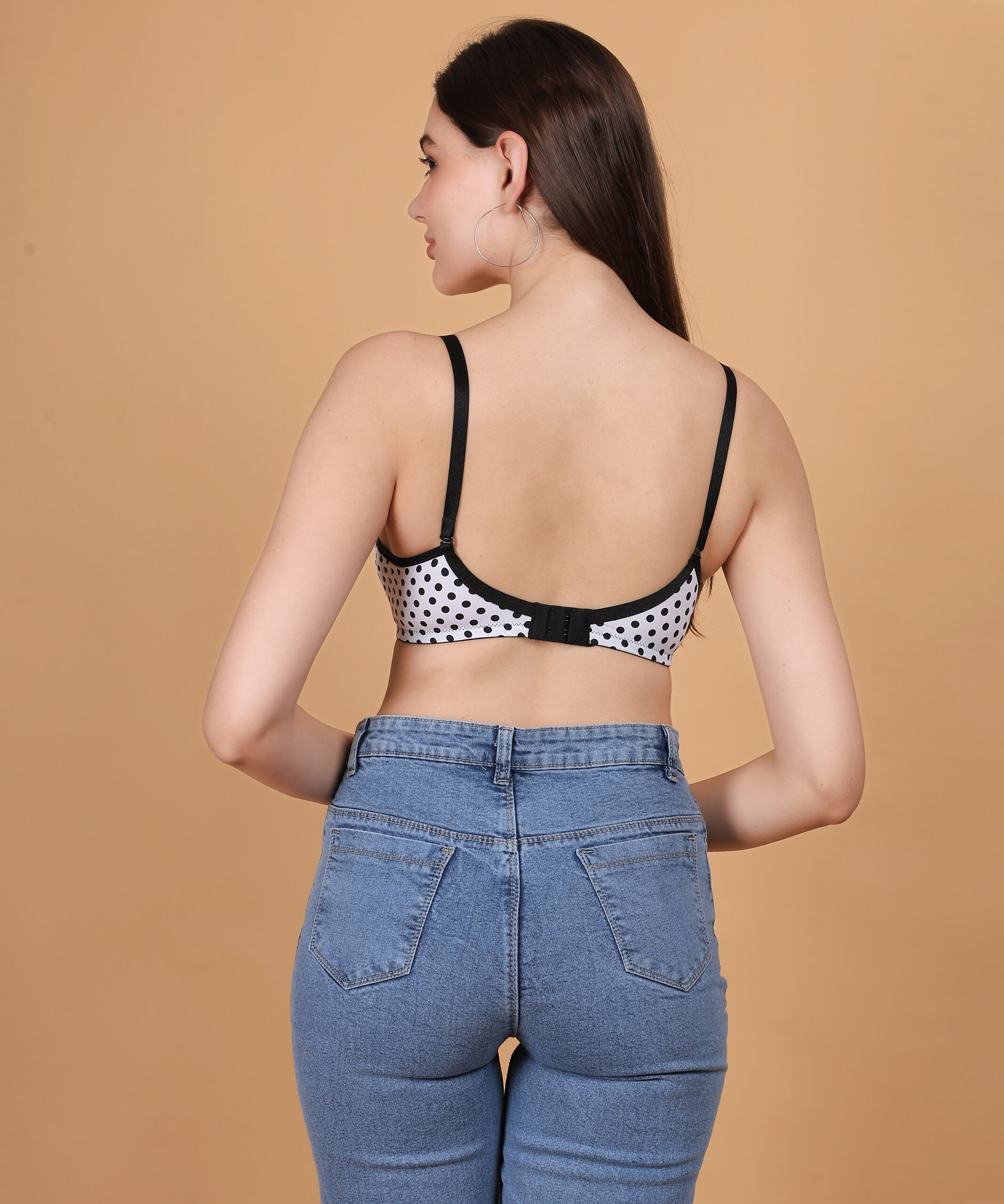 White polka dot printed padded wirefree bra for women back view