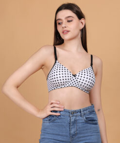 White polka dot printed padded wirefree bra for women front view