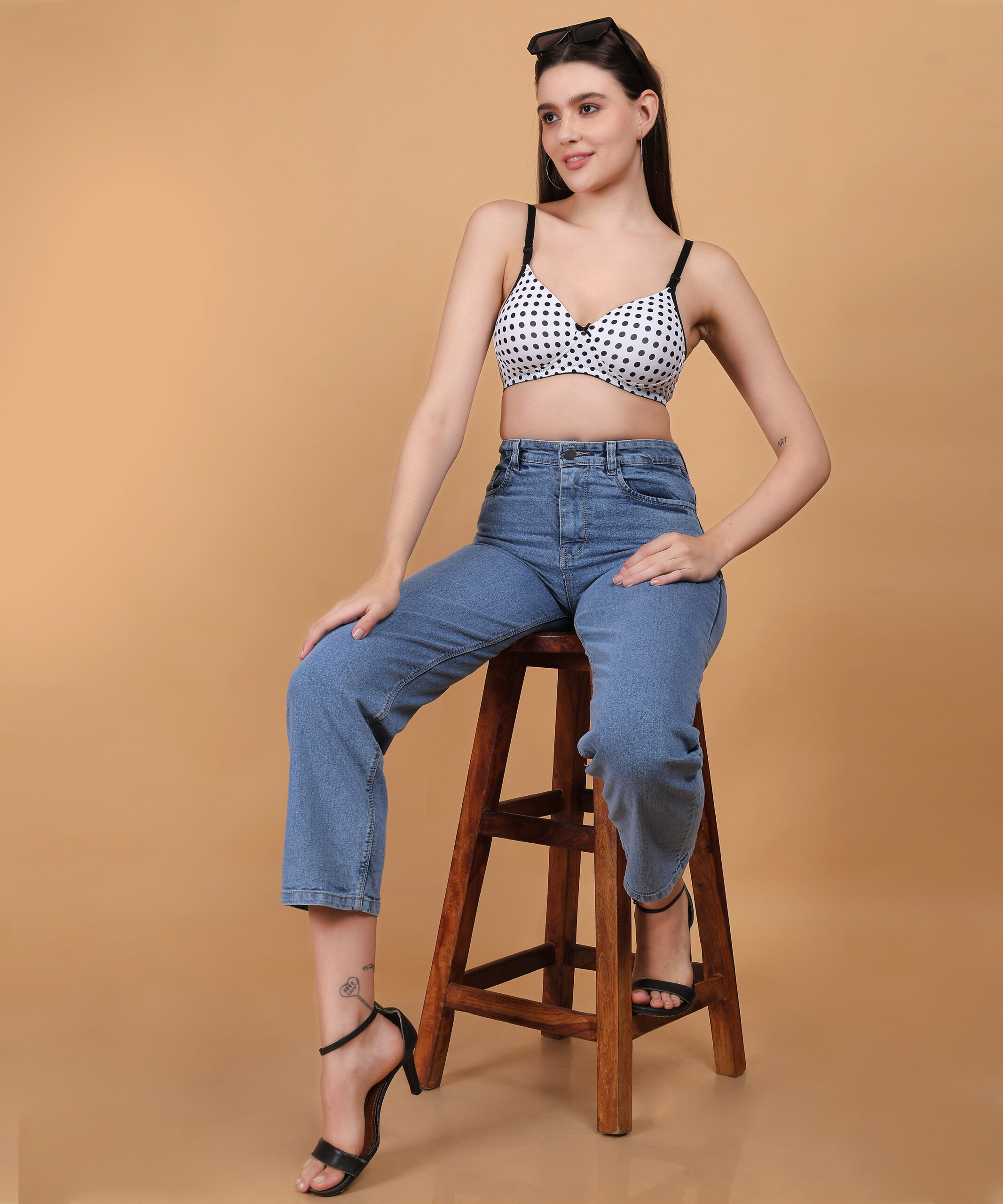 White polka dot printed padded wirefree bra for women lifestyle fit