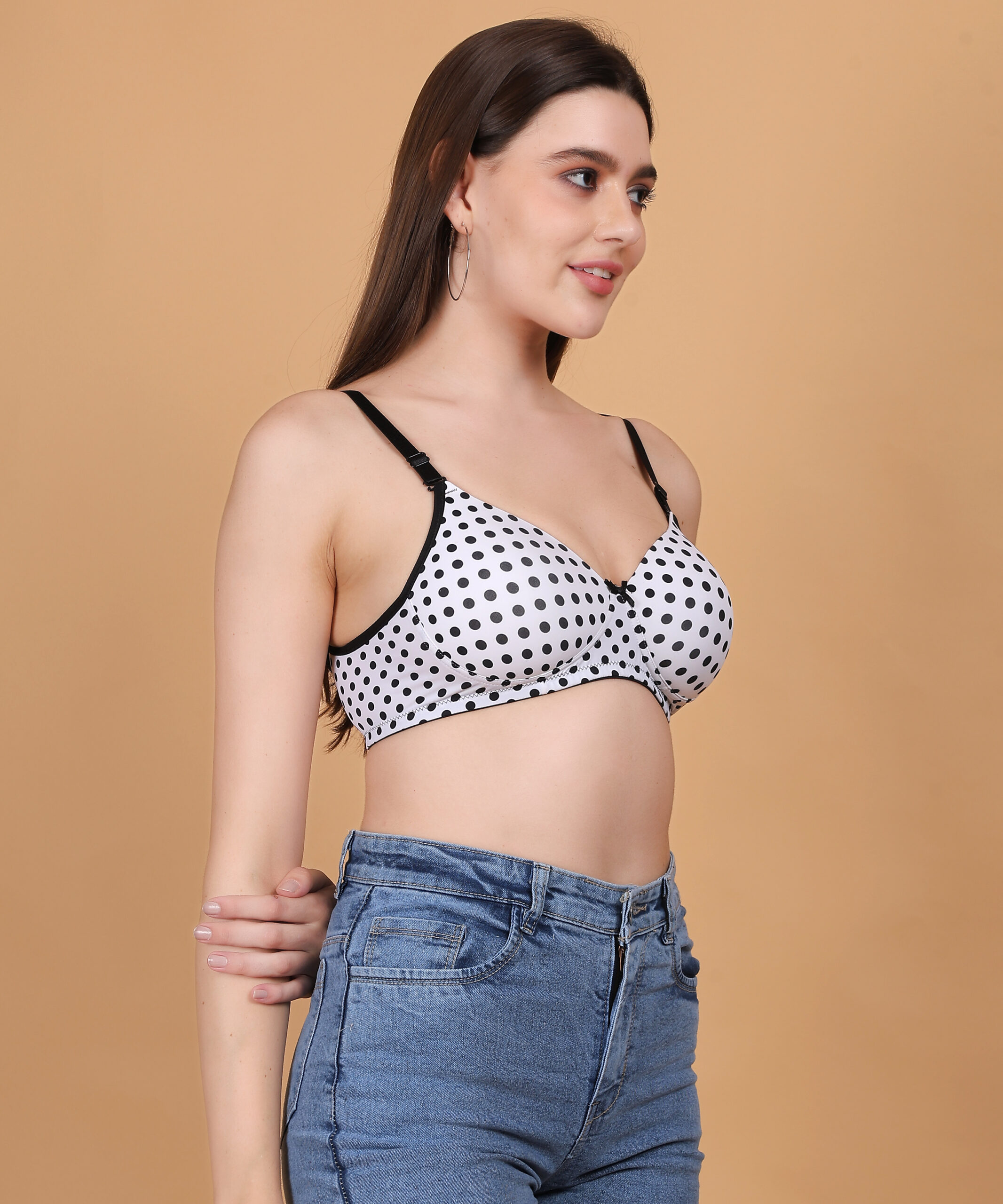 White polka dot printed padded wirefree bra for women side view