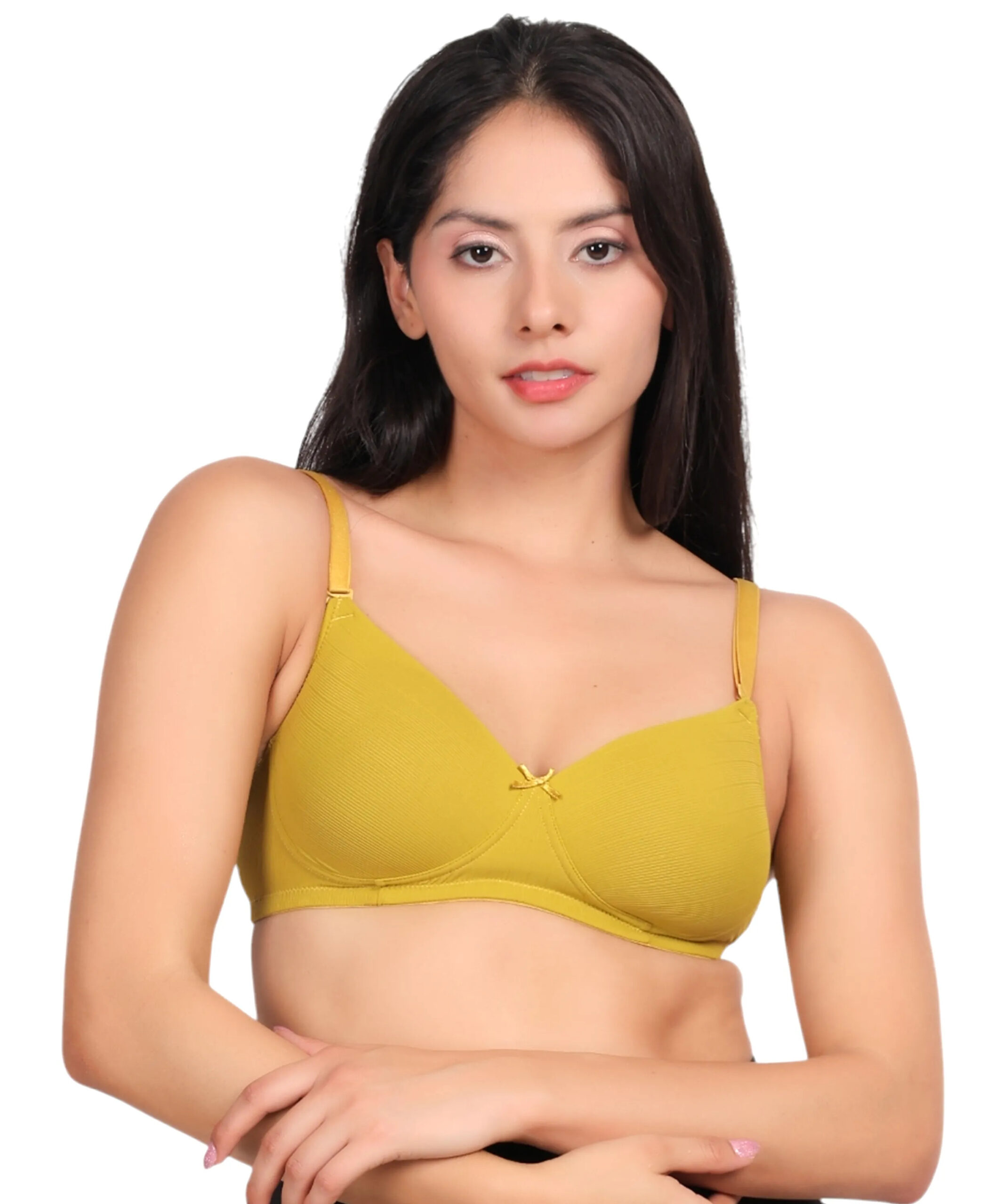 Front view of yellow padded wirefree bra for women with smooth padded cups