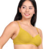 Yellow padded wirefree bra for women showing perfect fit and everyday support on model