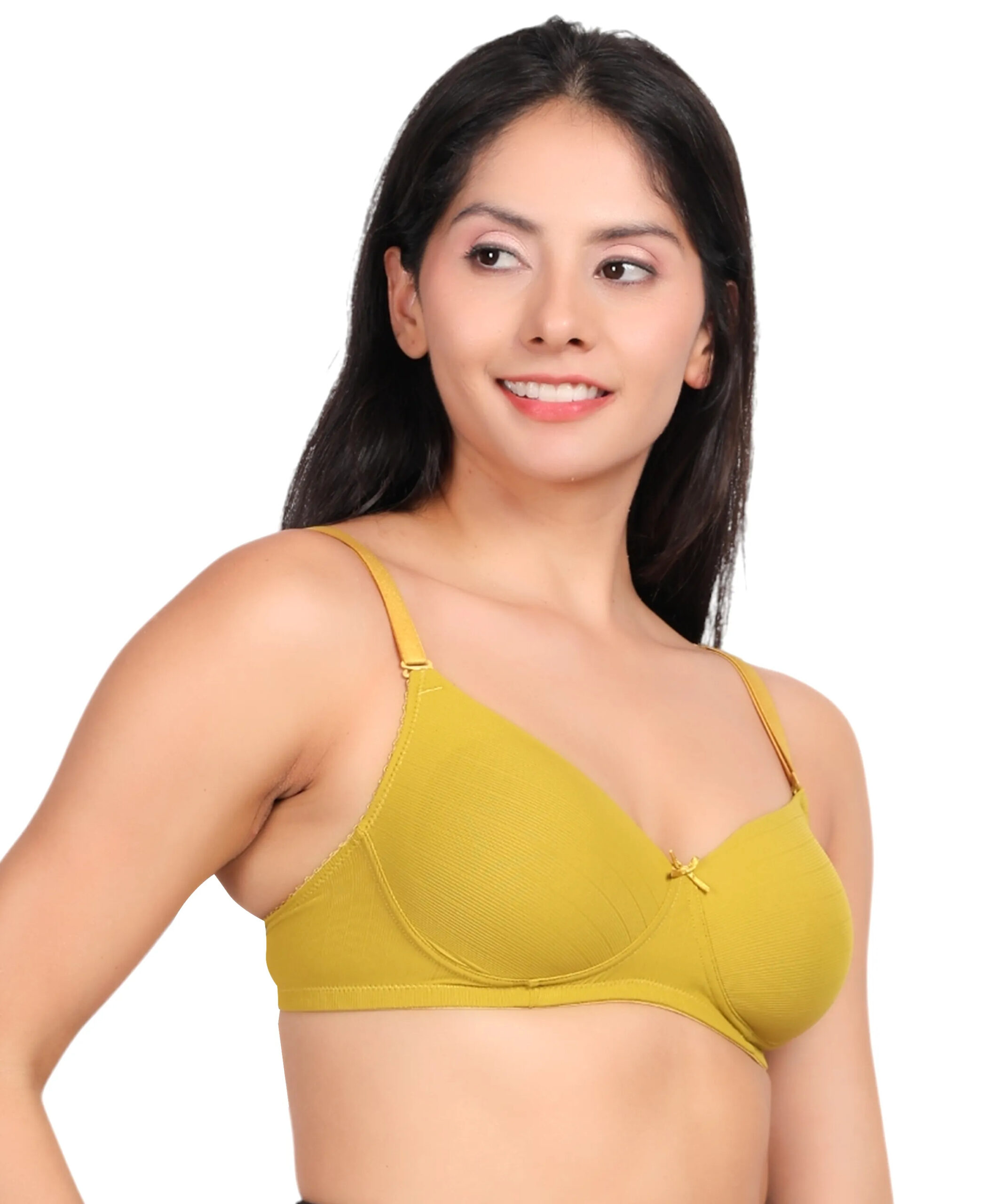 Yellow padded wirefree bra for women showing perfect fit and everyday support on model