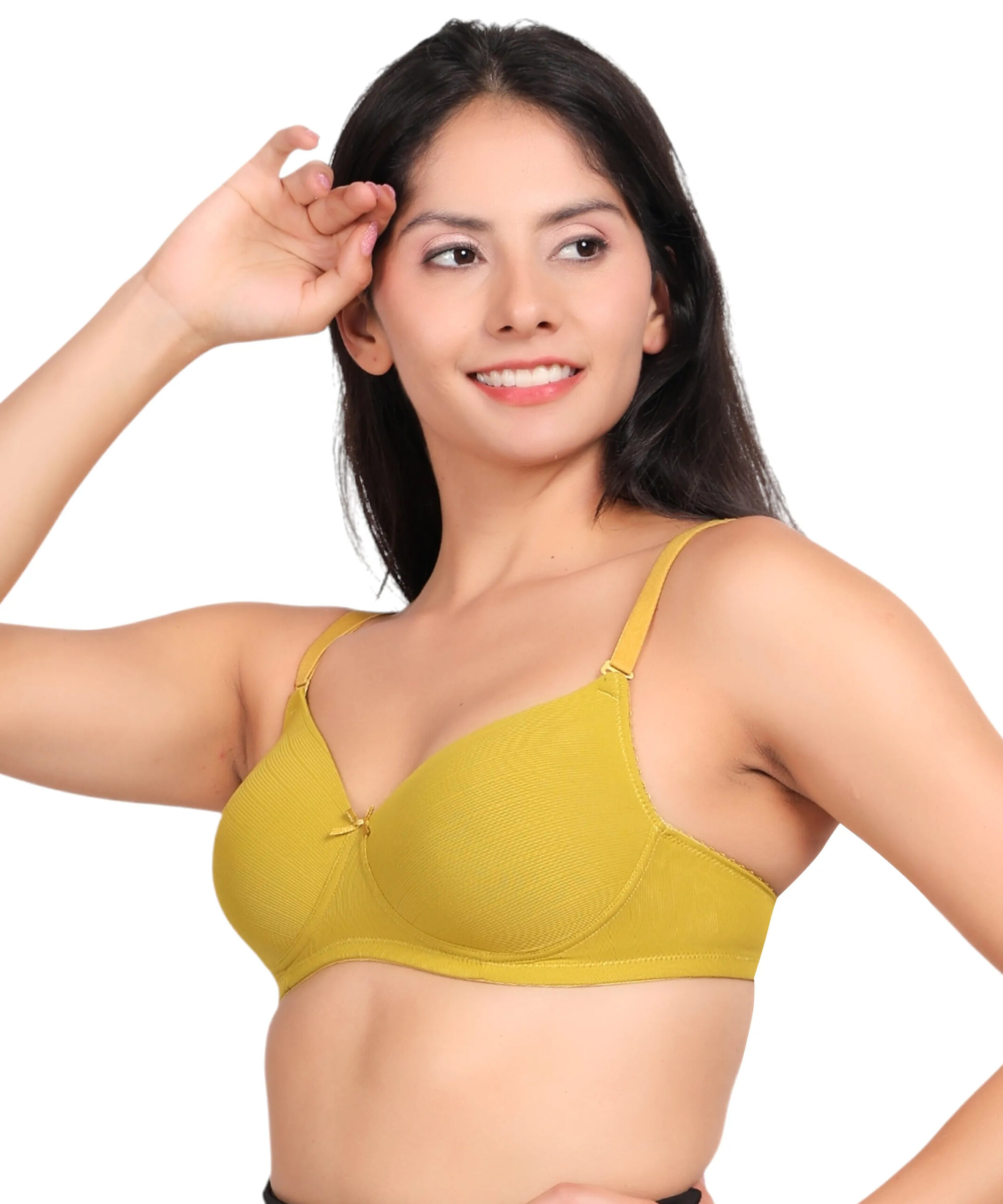 Side angle view of yellow padded wirefree bra for women showing natural shaping and comfort fit