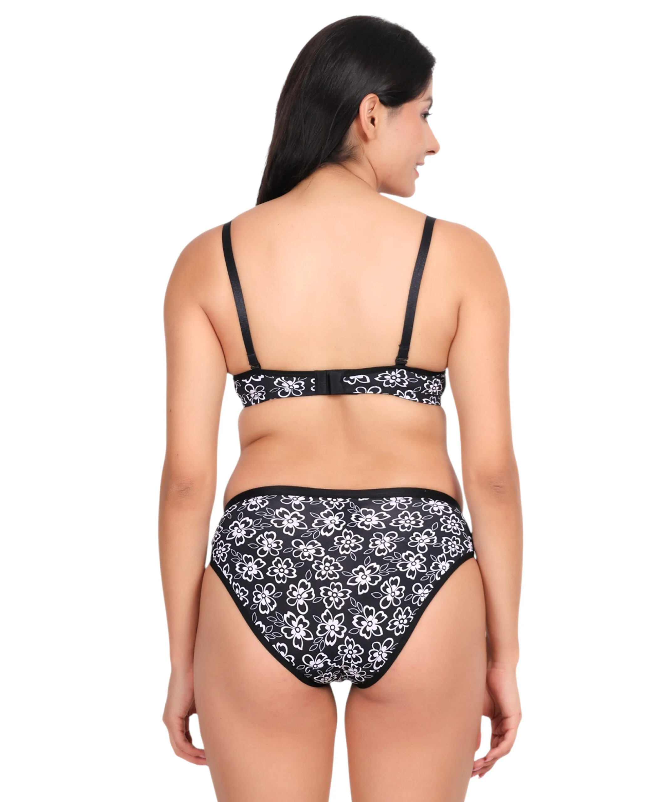 Back view of black floral padded wirefree bra set for women with adjustable straps and matching briefs