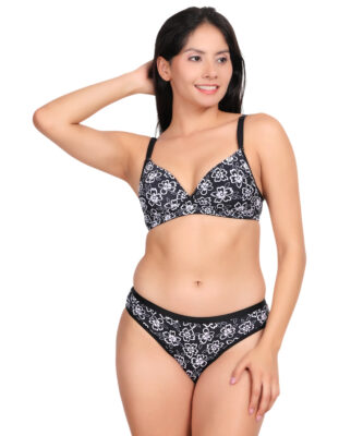 Front view of black floral padded wirefree bra set for women with smooth padded cups