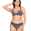 Front view of black floral padded wirefree bra set for women with smooth padded cups