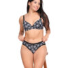 Black floral padded wirefree bra set for women worn in a relaxed lifestyle pose