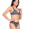 Side view of black floral padded wirefree bra set for women showing natural fit