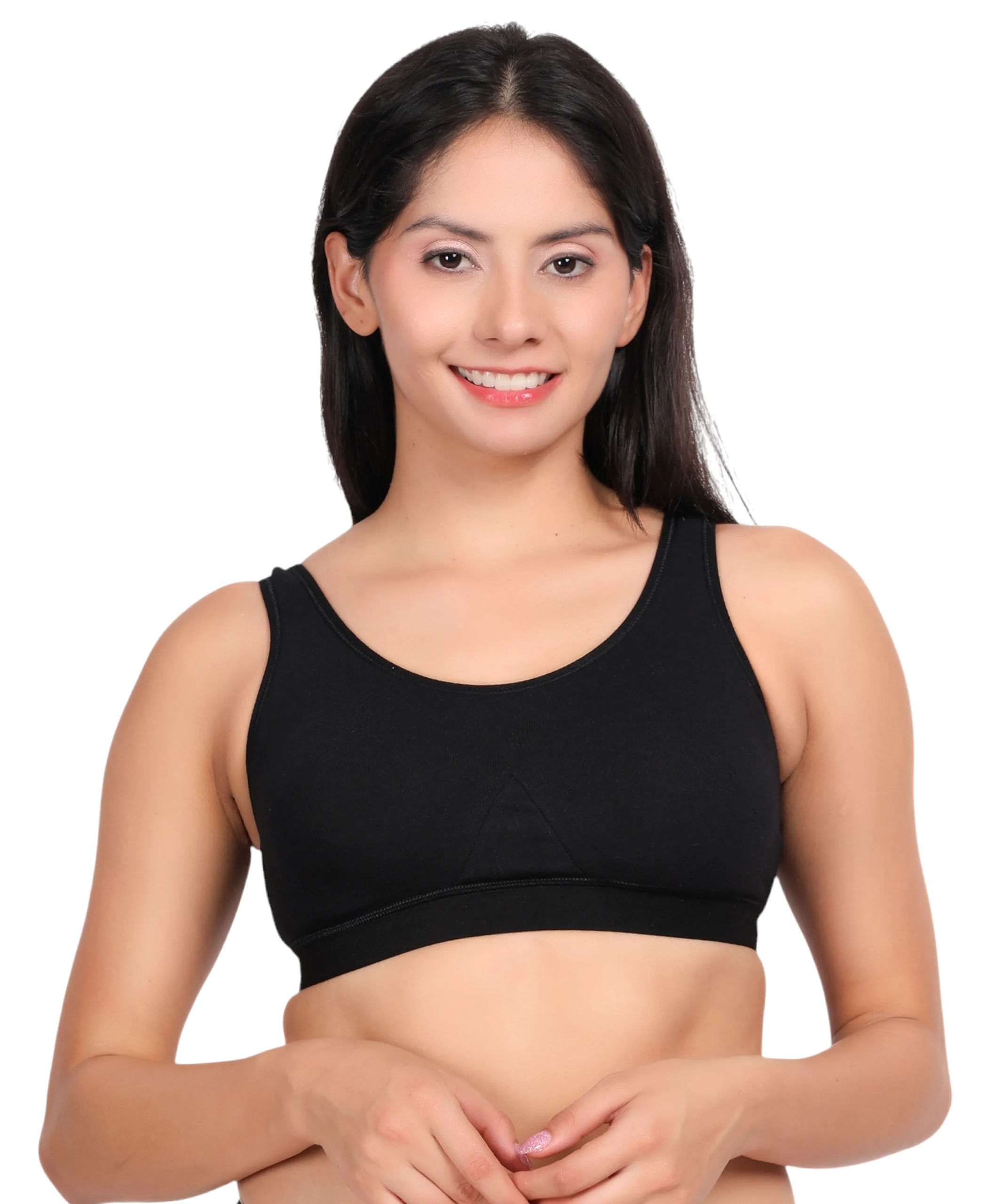 Black padded wirefree cotton spandex sports bra for women everyday comfort