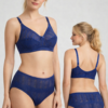 side view blue lace bra set