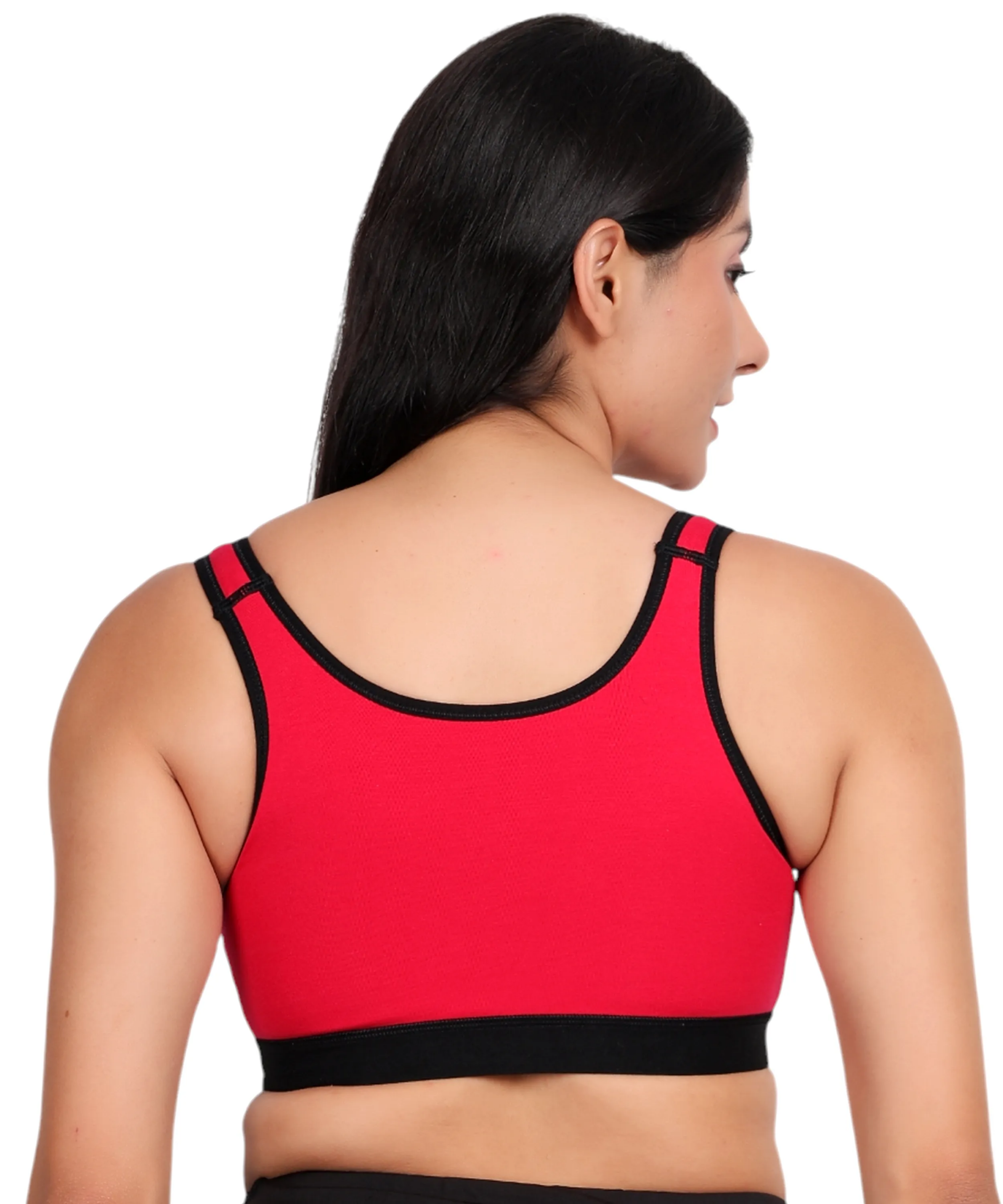 Back view of blush pink padded wirefree cotton spandex sports bra for women