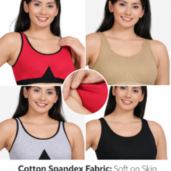 non Padded wirefree cotton spandex sports bra for women in blush pink nude grey melange and black soft on skin
