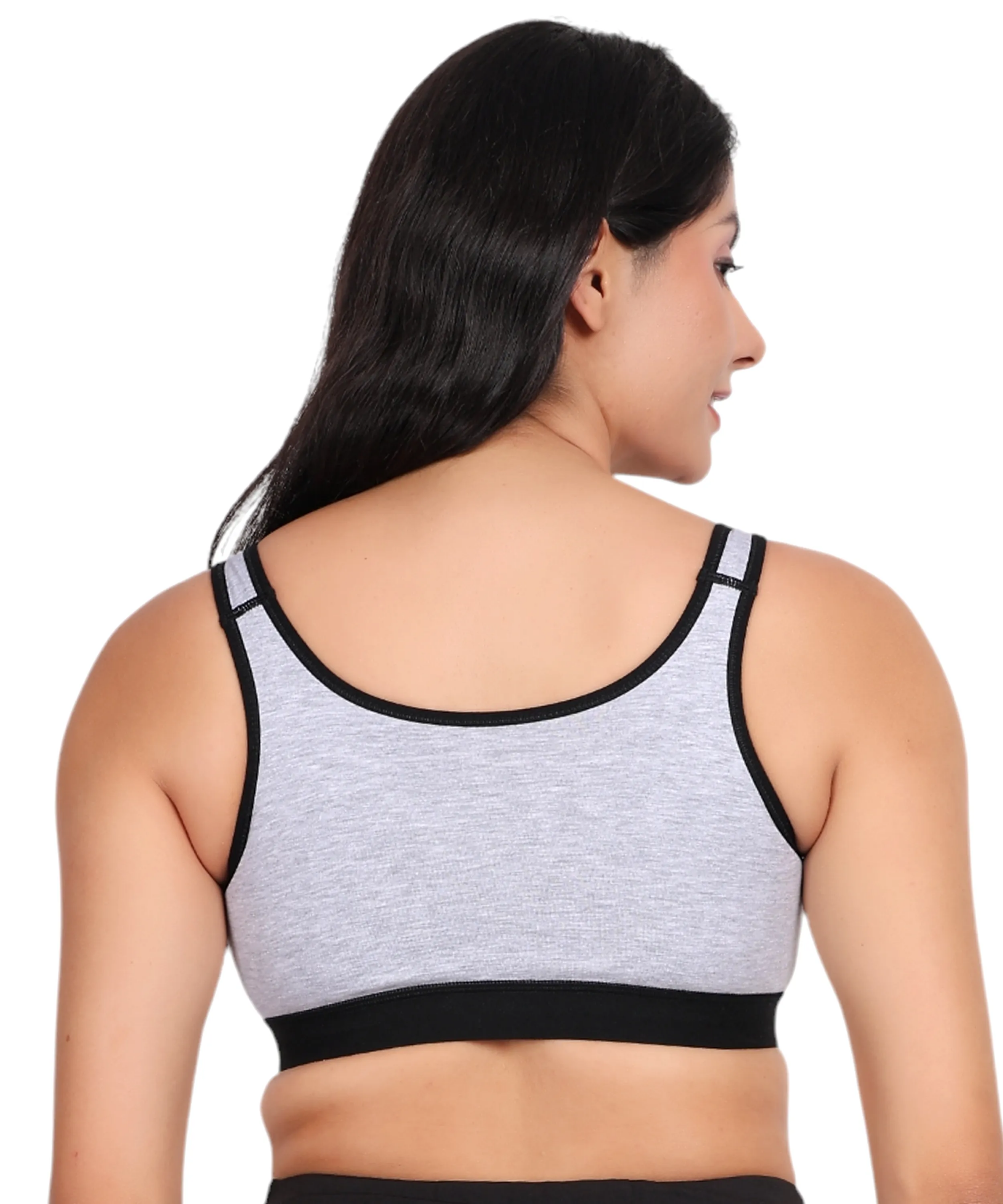 Back view of grey melange padded wirefree cotton spandex sports bra for women