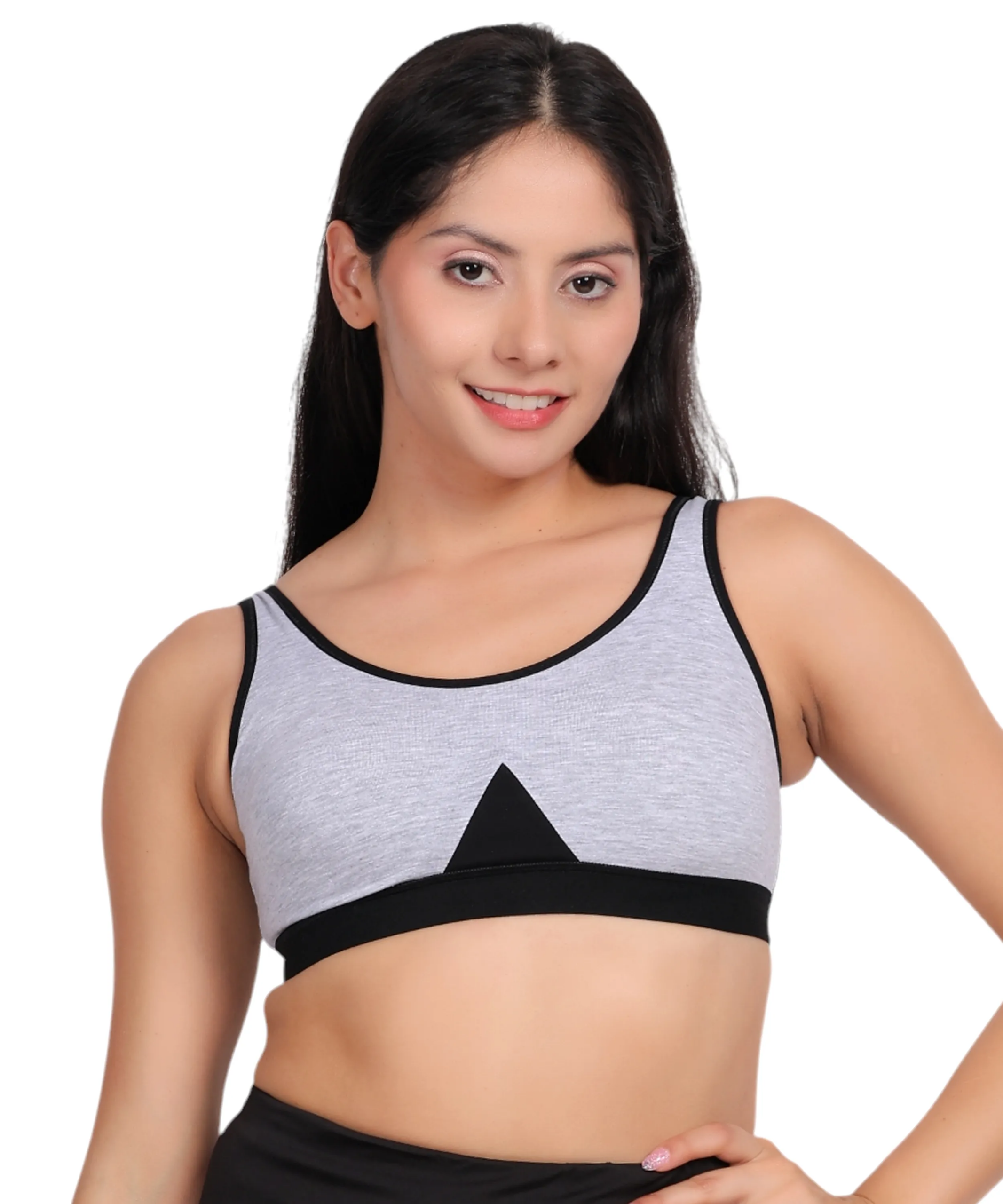 Grey melange padded wirefree cotton spandex sports bra for women soft on skin