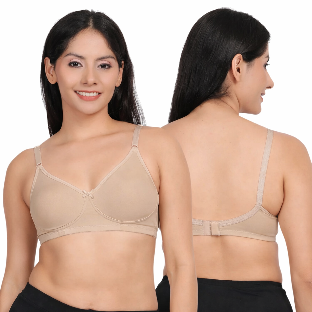 Non padded wirefree cotton bra for women in beige skin tone – front and back view