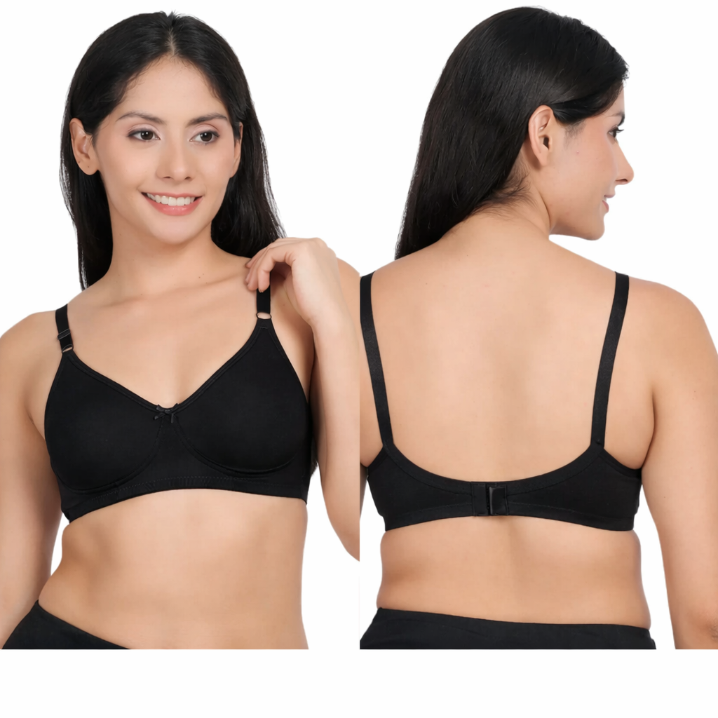 Non padded wirefree cotton bra for women in black color – front and back view