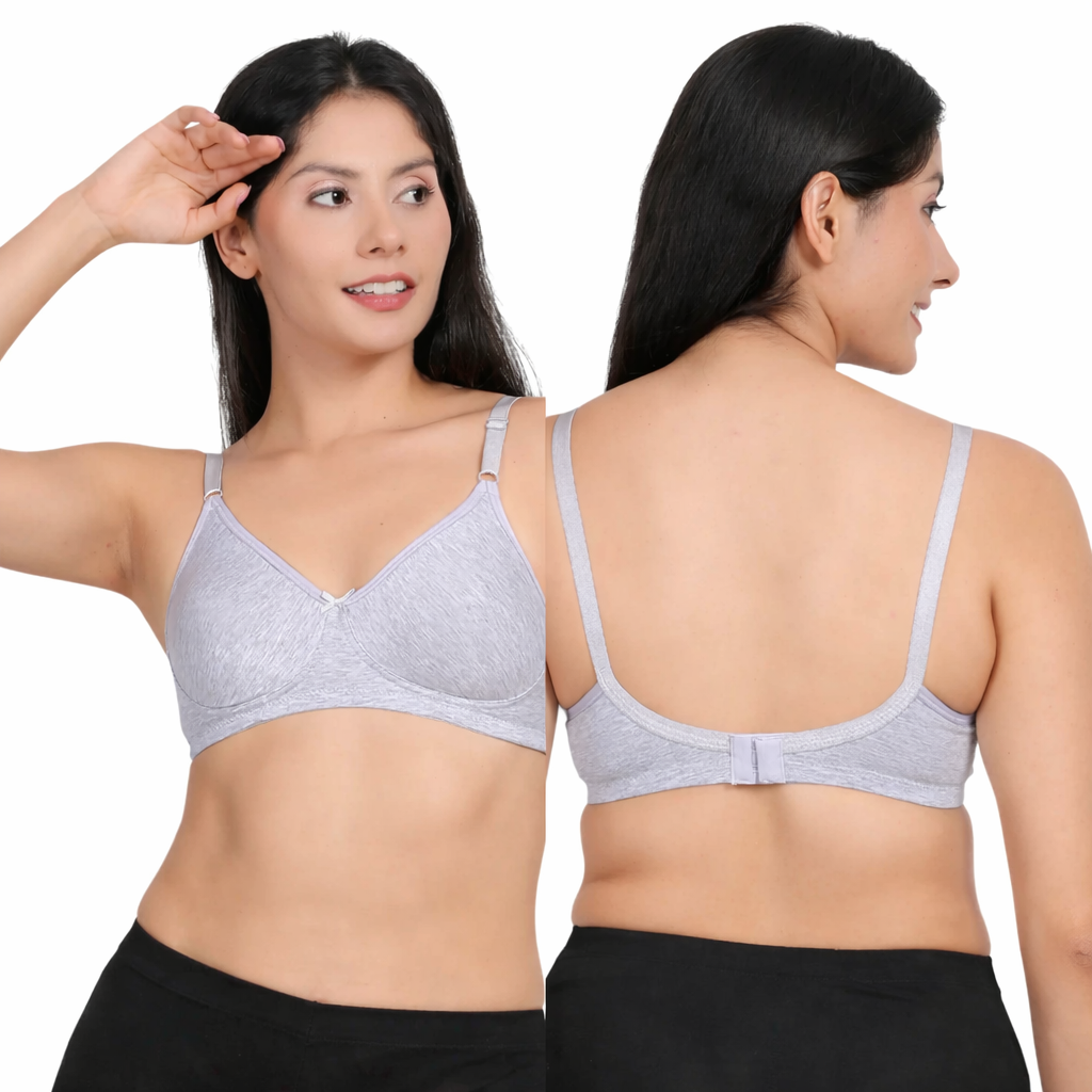 Non padded wirefree cotton bra for women in grey color – front and back view