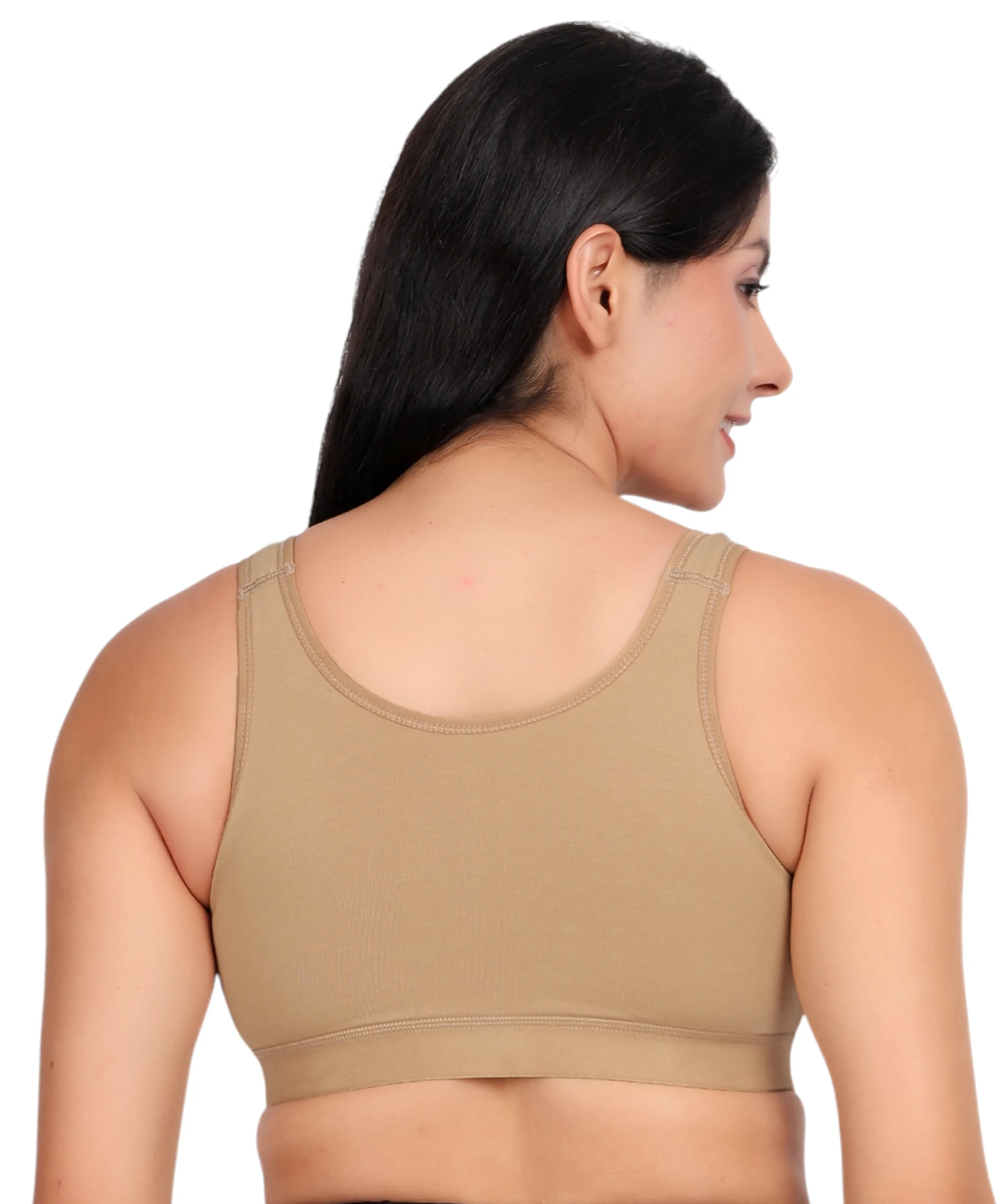 Back view of nude padded wirefree cotton spandex sports bra for women