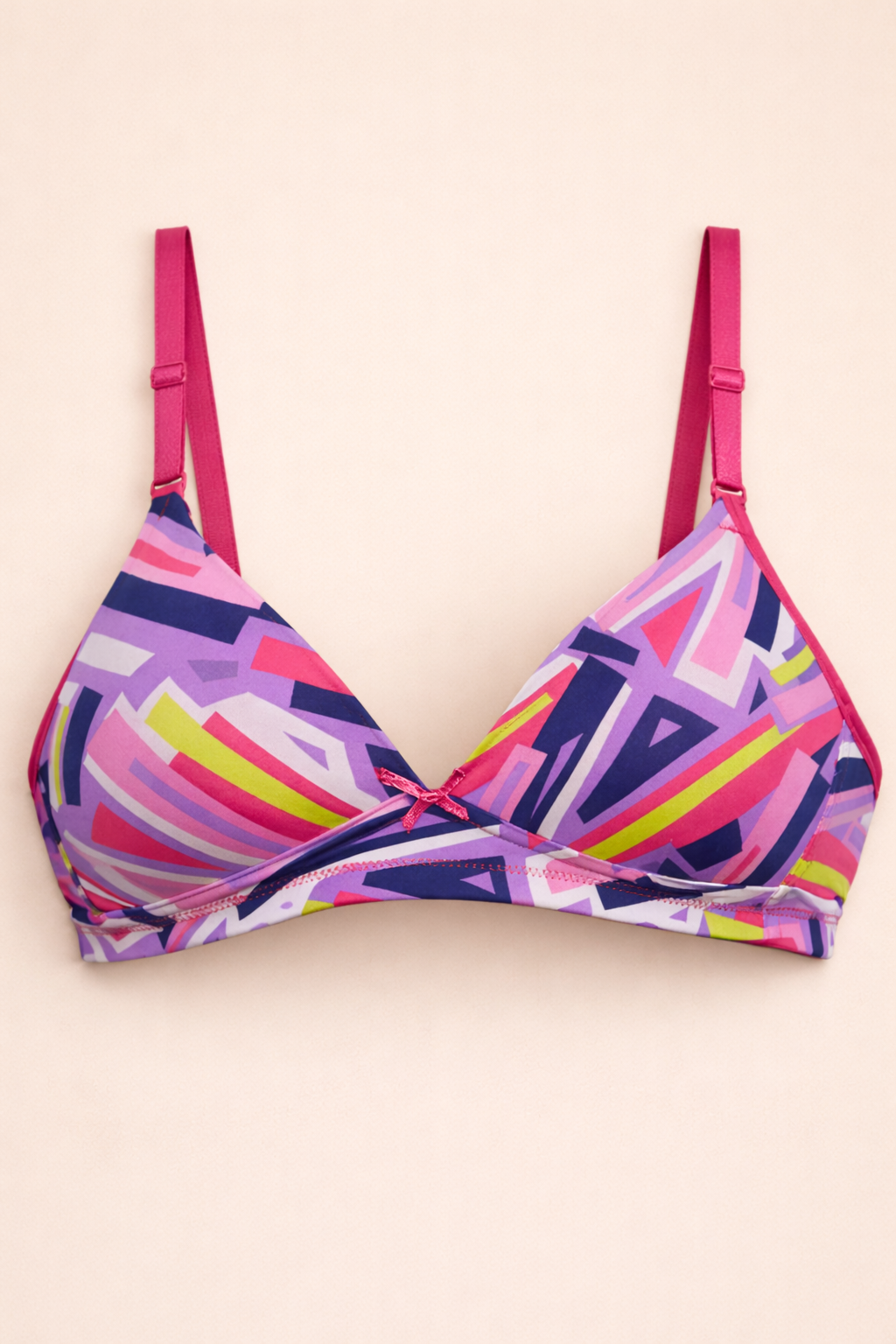 Printed padded wirefree bra for women flat lay product image by Luv Mystery