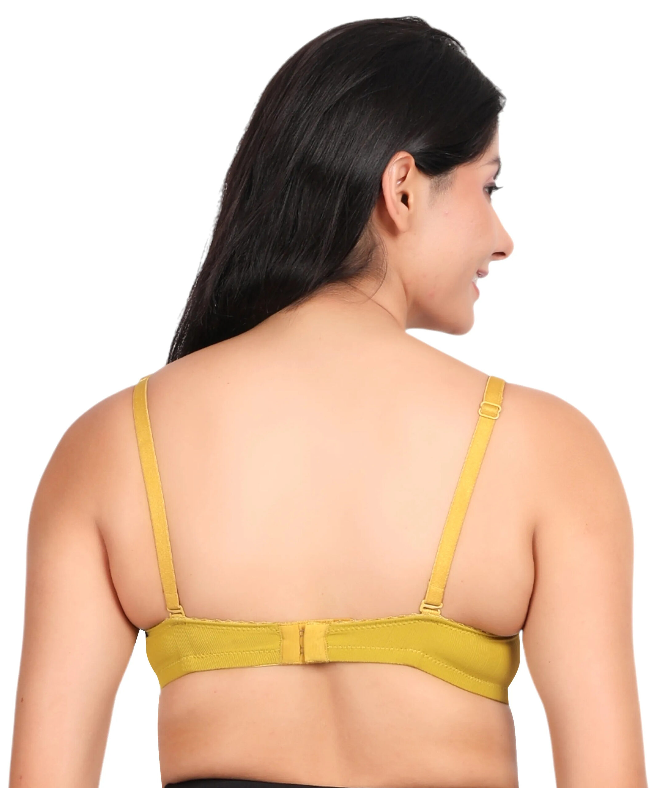 Back view of yellow padded wirefree bra for women showing adjustable straps and secure closure
