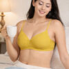 Yellow padded wirefree bra for women worn in a relaxed lifestyle setting for daily comfort